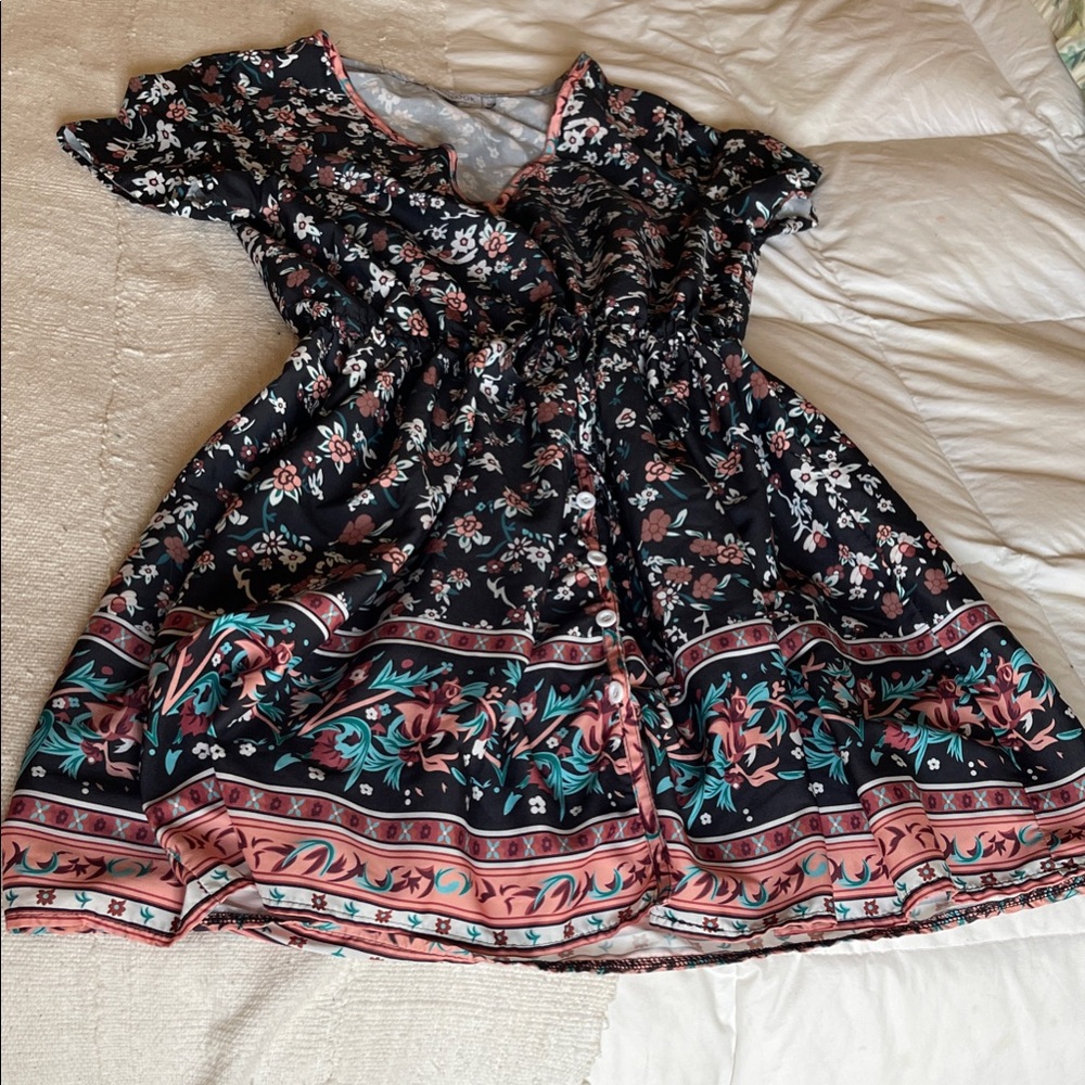 Floral Women’s Dress - Black, Coral and Turquoise